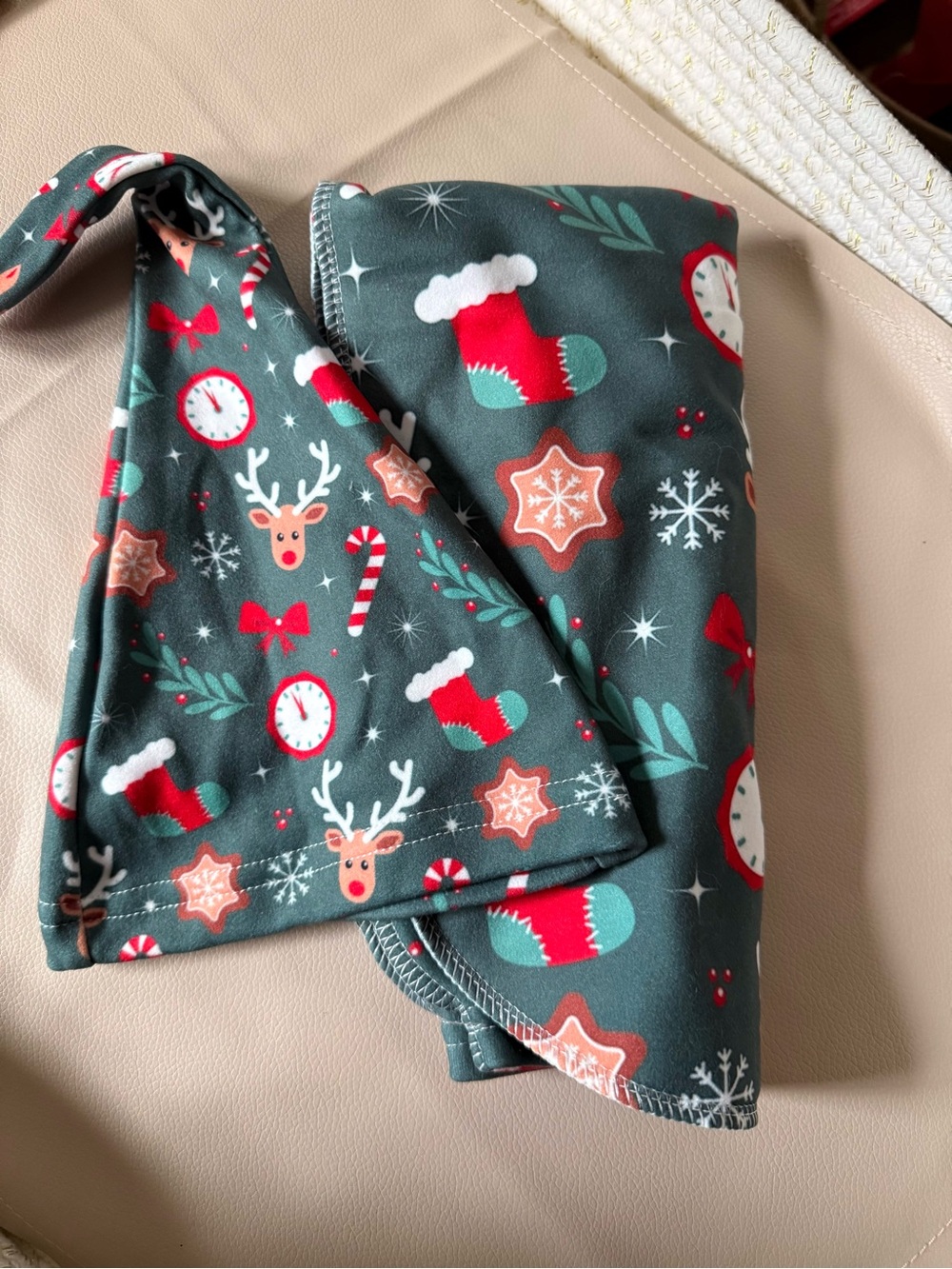 2 for $10 Infant Holiday Blanket & Hat in Dark Teal with Festive Print
